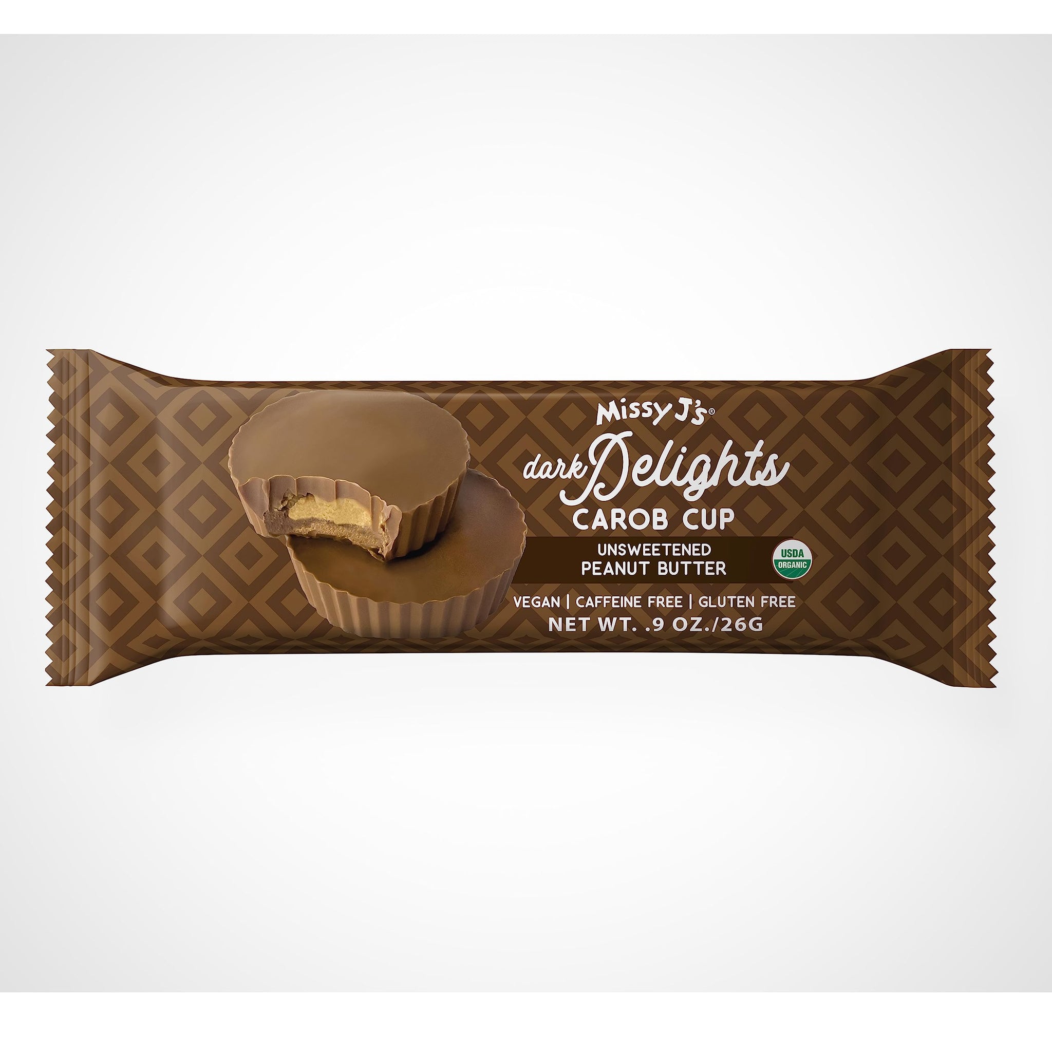 Missy J's Organic Carob Dark Delights Unsweetened Peanut Cup .9 Oz 3 Pack. Vegan Gluten Free, Substitute for chocolate, Perfect for Snacks and Treats