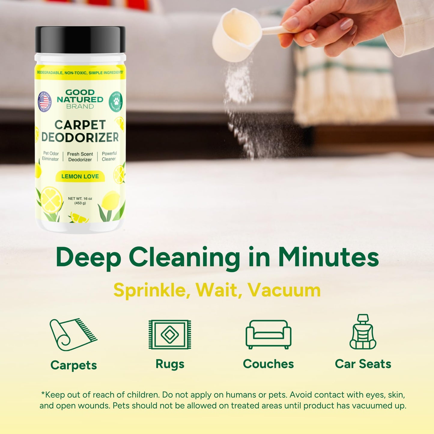 Good Natured Brand | Carpet Freshener & Deodorizer Powder | 16 oz Pet Odor Eliminator for Strong Odor & Pet Urine | Fresh Natural Lemon Scent | Safe
