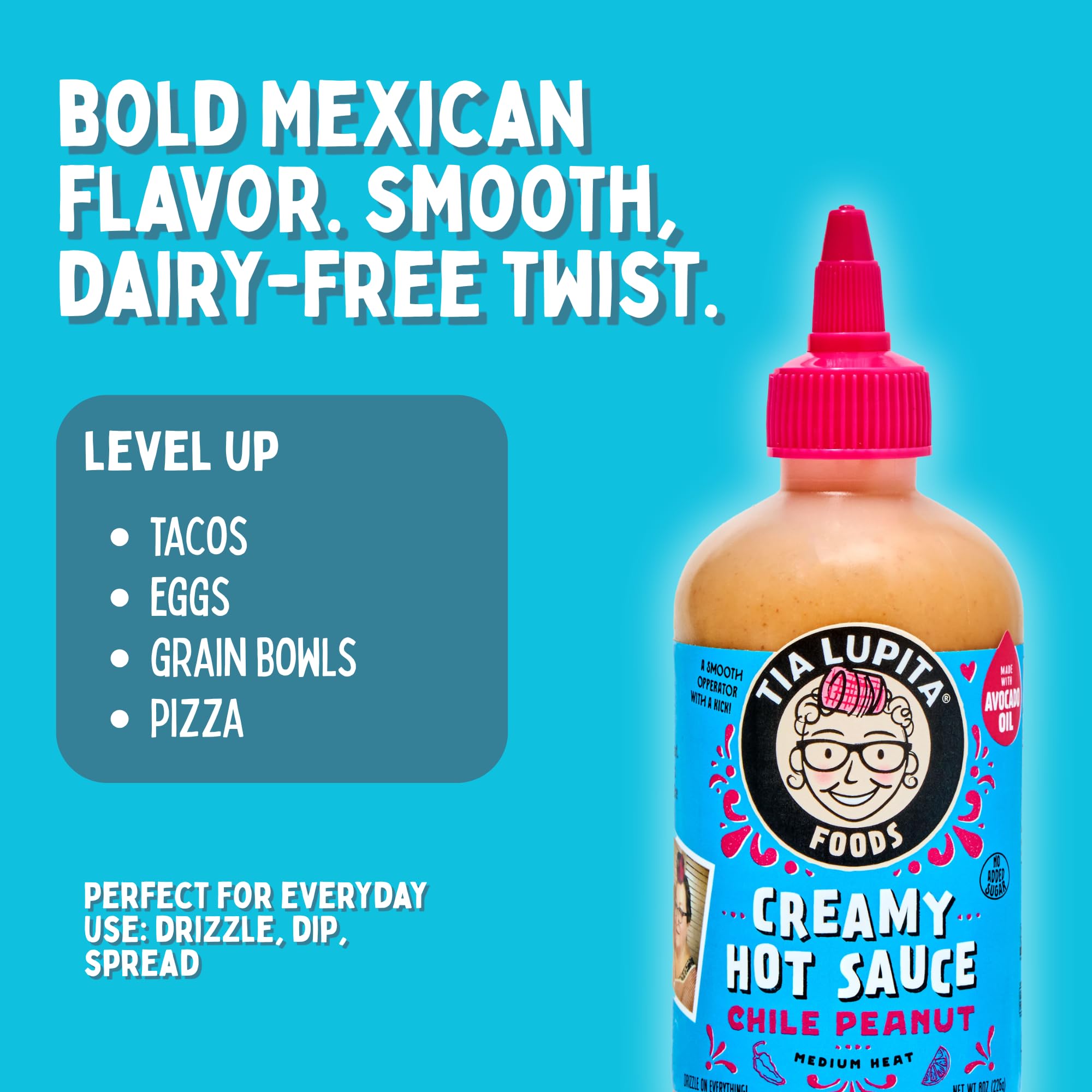 Tia Lupita Creamy Hot Sauce Chile Peanut | Gluten-Free, Non Dairy Made with Avocado Oil, No Added Sugar | 8 Ounce Squeeze Bottle (Pack of 2)