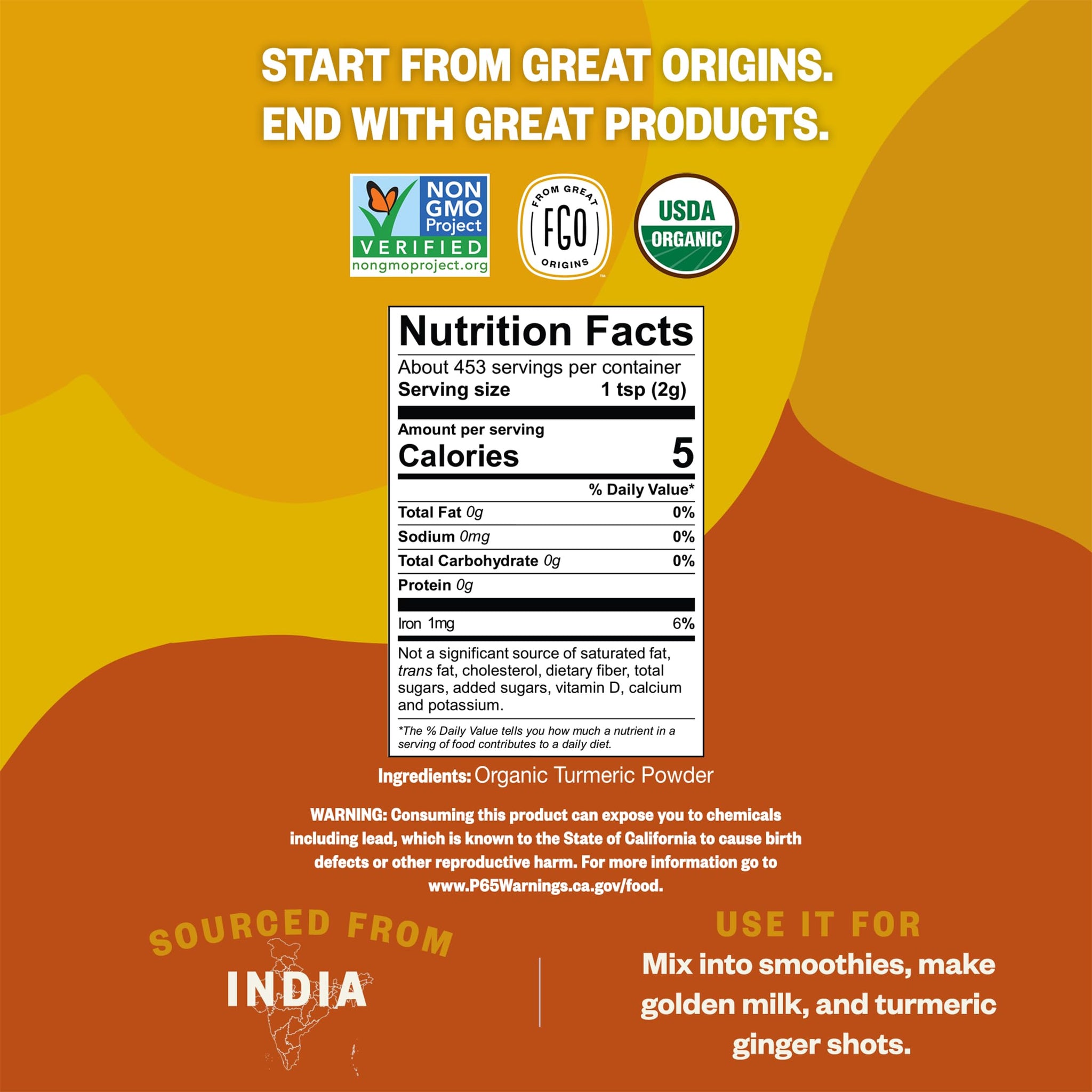 FGO Organic Turmeric Powder w/Curcumin, 2 Pound / 32oz Bulk Resealable Pouch, USDA Organic and Non-GMO, Sourced from India, Packaging May Vary (Pack