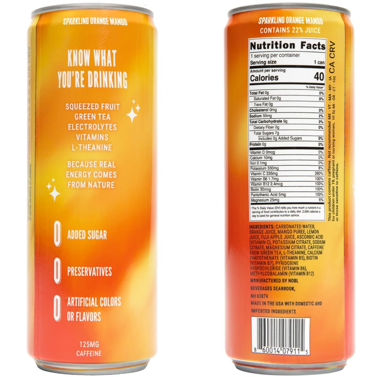 LivReal Clean Energy Drink - Organic Green Tea Caffeine 125mg + L-Theanine 100mg - Real Fruit, No Sweeteners or Flavorings - Vitamin C & B Complex