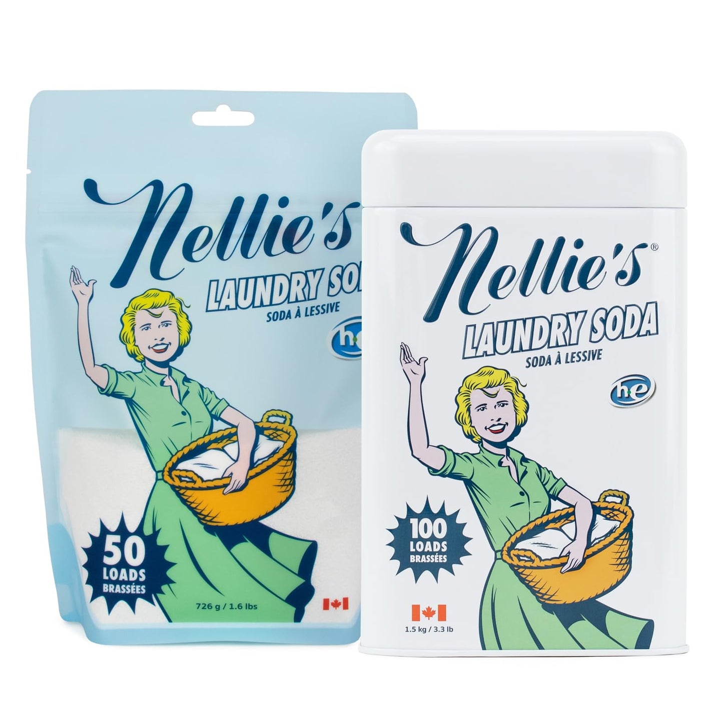 Nellie's Laundry Soda Bundle - 100 Scoops (Tin) & 50 Scoops (Pouch) - Concentrated & Septic Safe Formula - Safe for HE and Standard Washing Machines