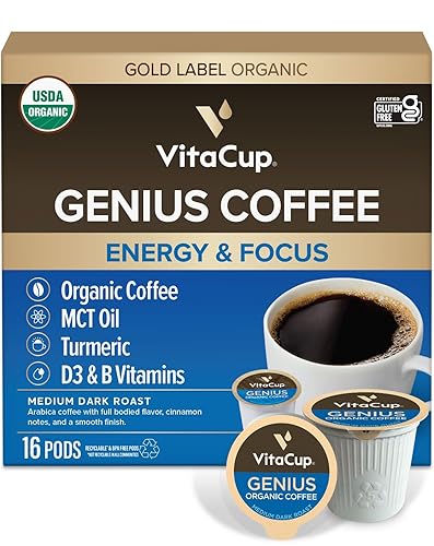 VitaCup Organic Genius Keto Coffee Pods, Increase Energy & Focus w/MCT Oil, Turmeric, B Vitamins, D3, Medium Dark Roast, Bold, Smooth, Single Serve