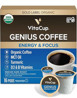 VitaCup Organic Genius Keto Coffee Pods, Increase Energy & Focus w/MCT Oil, Turmeric, B Vitamins, D3, Medium Dark Roast, Bold, Smooth, Single Serve