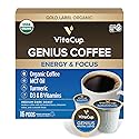 VitaCup Organic Genius Keto Coffee Pods, Increase Energy & Focus w/MCT Oil, Turmeric, B Vitamins, D3, Medium Dark Roast, Bold, Smooth, Single Serve