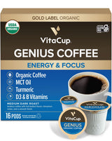 VitaCup Organic Genius Keto Coffee Pods, Increase Energy & Focus w/MCT Oil, Turmeric, B Vitamins, D3, Medium Dark Roast, Bold, Smooth, Single Serve