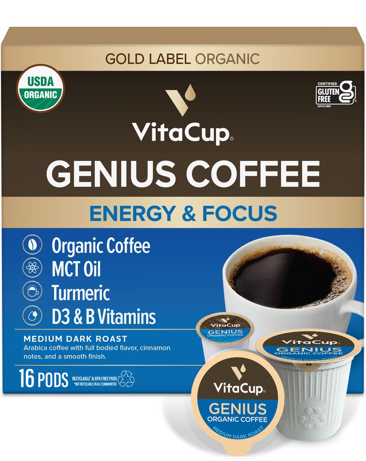 VitaCup Organic Genius Keto Coffee Pods, Increase Energy & Focus w/MCT Oil, Turmeric, B Vitamins, D3, Medium Dark Roast, Bold, Smooth, Single Serve