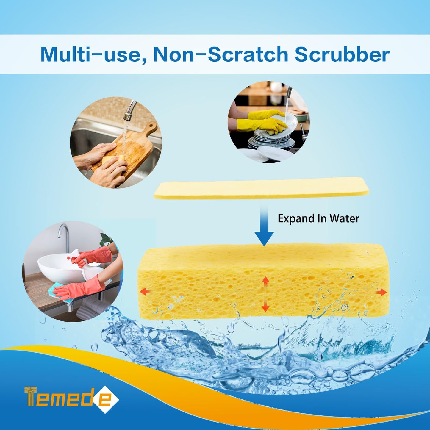 Temede Large Cellulose Sponges, Kitchen Sponges for Dish, Thick Heavy Duty Scrub Sponges, Non-Scratch Scrubber for Household, Cookware, Bathroom