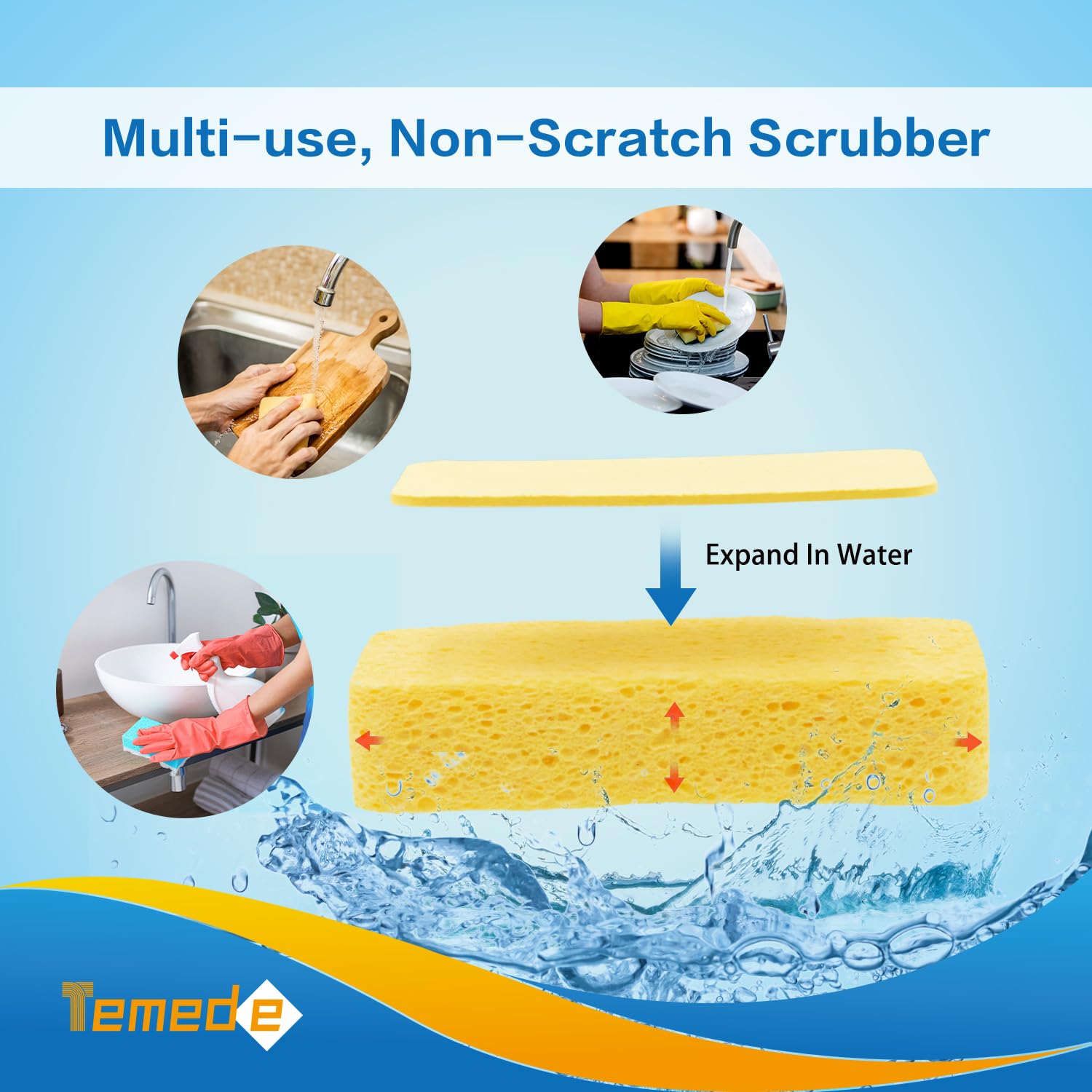 Temede Large Cellulose Sponges, Kitchen Sponges for Dish, Thick Heavy Duty Scrub Sponges, Non-Scratch Scrubber for Household, Cookware, Bathroom