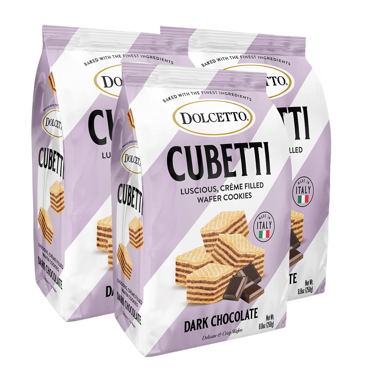 Dolcetto Cubetti Wafer Cookies, Dark Chocolate Flavor, 8.8 Ounce (Pack of 3), Cream Filled Bite Sized Crispy Wafer Cookies, Made in Italy, Halal