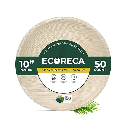 ECORECA 50-Pack Biodegradable Palm Leaf Dinnerware Set | 10-Inch Round Plates |Eco-Friendly and Microwave Safe | Disposable Party Plates, BBQ |