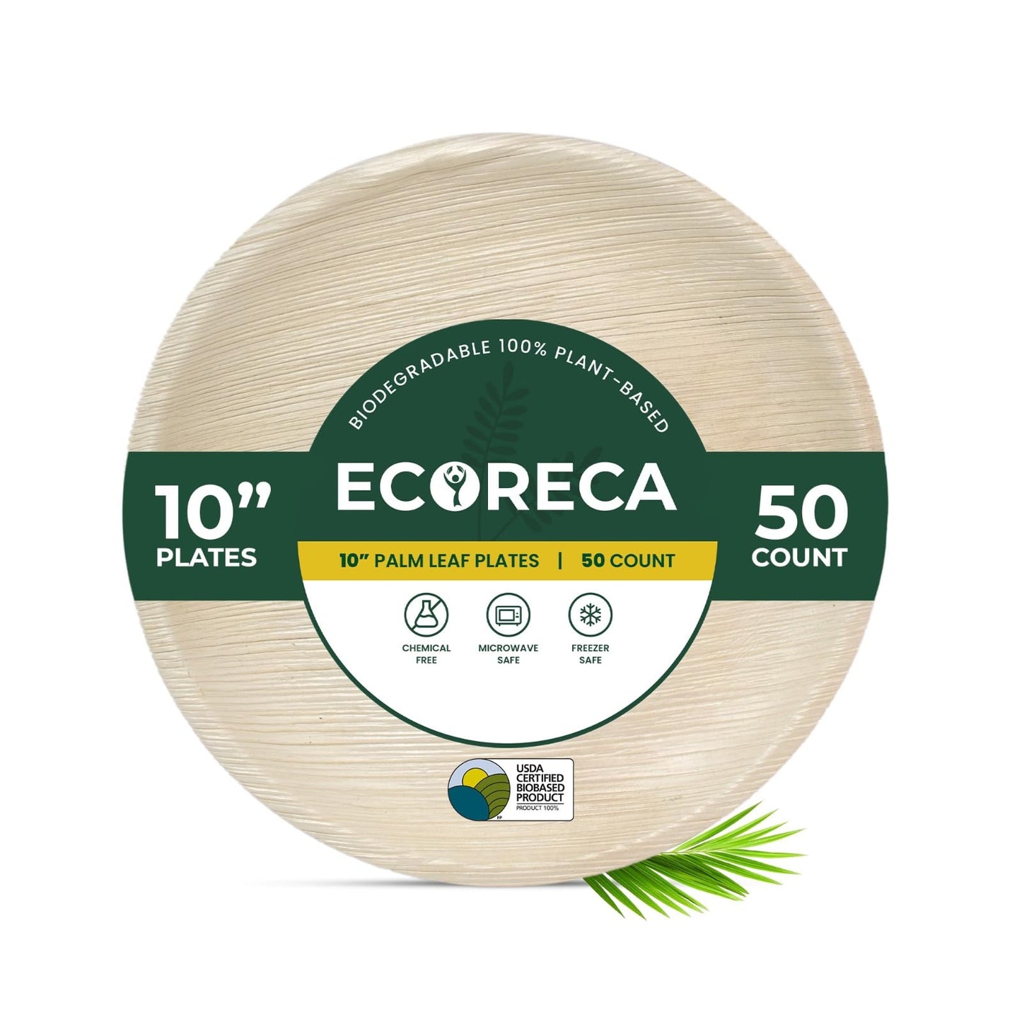 ECORECA 50-Pack Biodegradable Palm Leaf Dinnerware Set | 10-Inch Round Plates |Eco-Friendly and Microwave Safe | Disposable Party Plates, BBQ |