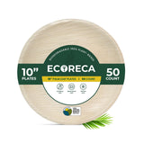 ECORECA 50-Pack Biodegradable Palm Leaf Dinnerware Set | 10-Inch Round Plates |Eco-Friendly and Microwave Safe | Disposable Party Plates, BBQ |