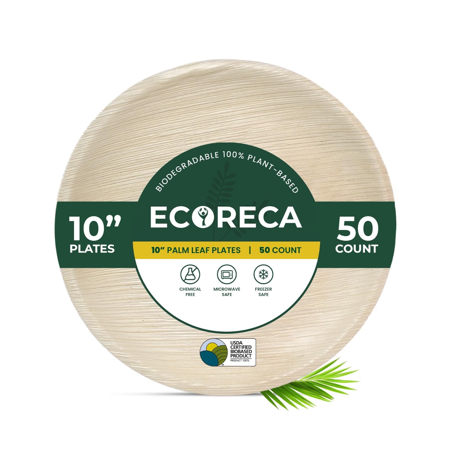 ECORECA 50-Pack Biodegradable Palm Leaf Dinnerware Set | 10-Inch Round Plates |Eco-Friendly and Microwave Safe | Disposable Party Plates, BBQ |