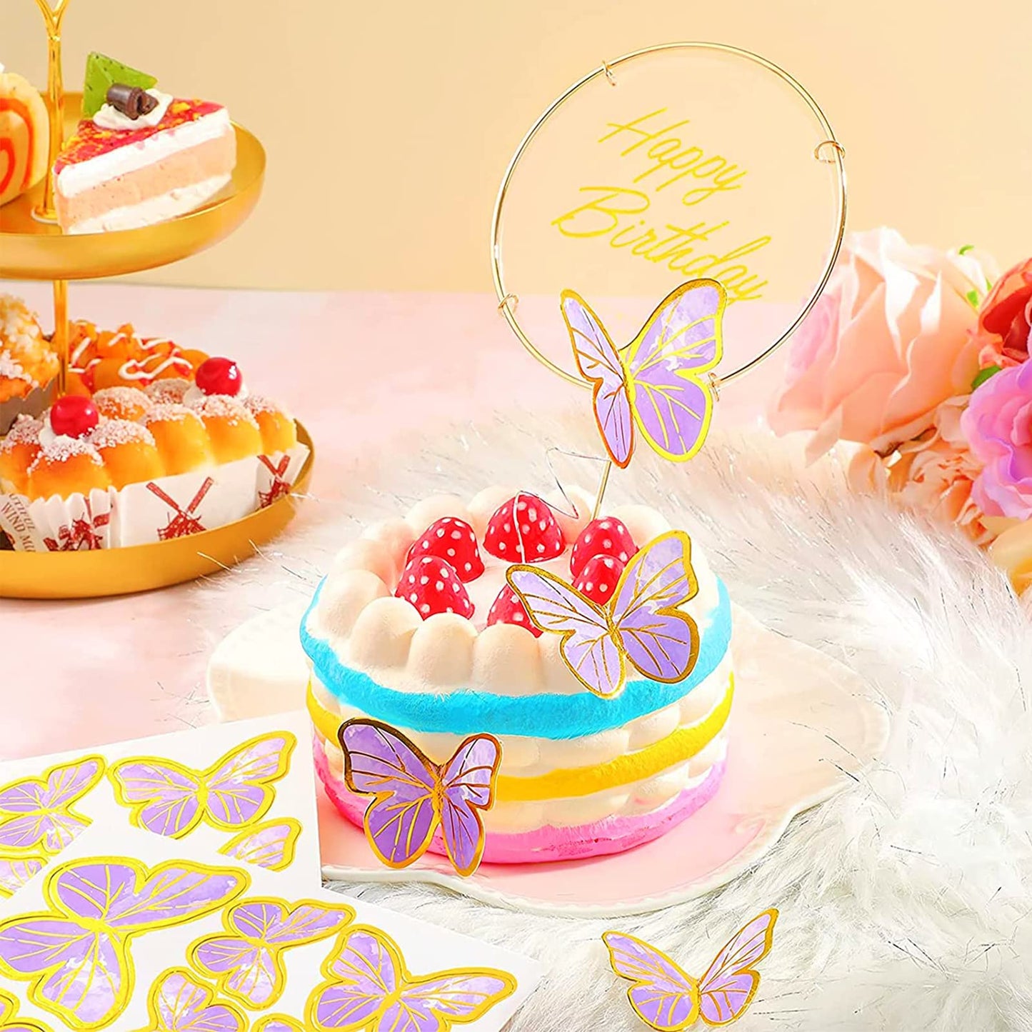 80Pcs Butterfly Cake Toppers Set Happy Birthday 3D Mixed Color Pink Purple Cupcake Picks Butterfly Cupcake Topper with Dot Glue Decorations