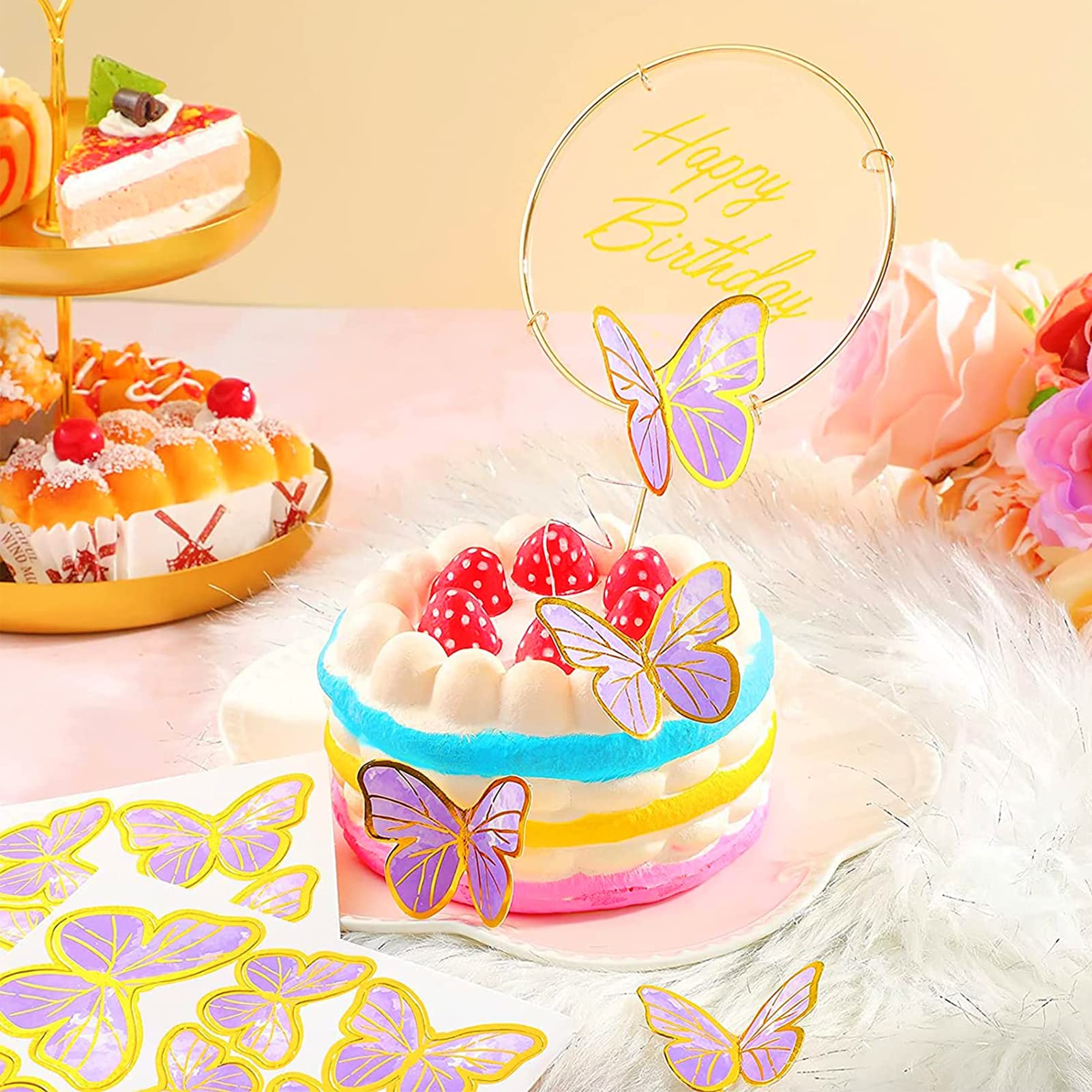 80Pcs Butterfly Cake Toppers Set Happy Birthday 3D Mixed Color Pink Purple Cupcake Picks Butterfly Cupcake Topper with Dot Glue Decorations