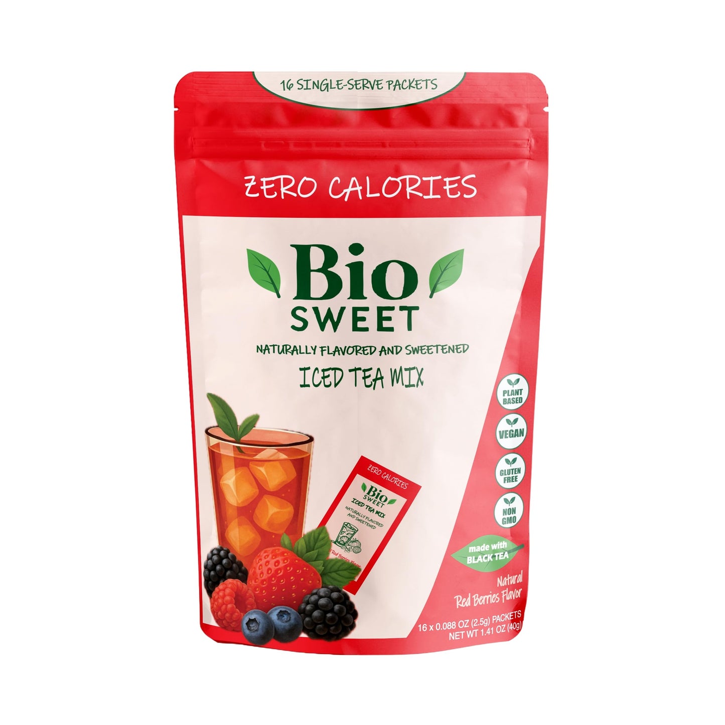 BioSweet Iced Tea Mixes - Red Berries Flavor | Zero Calorie Mix from Real Black Tea | Naturally Sweetened & Flavored | Non GMO, Gluten Free, Vegan (16