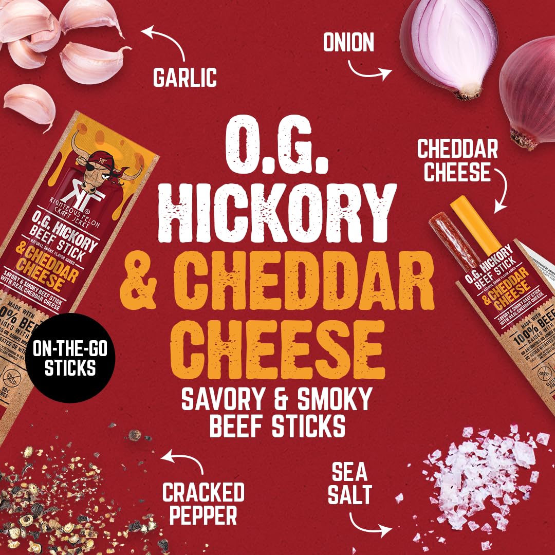 Righteous Felon O.G. Hickory Beef & Cheddar Cheese Sticks, 14g Protein, Shelf Stable Meat and Cheese Snack, 100% Grass-Feed Beef, Individually Wrapped