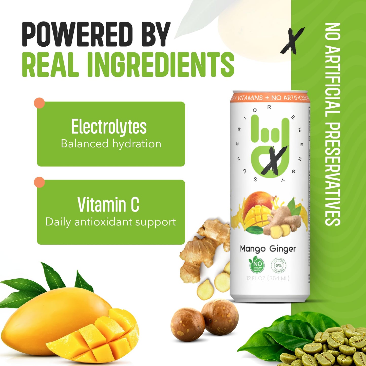 Superior Energy Electrolytes Drink Zero Calories - Energy Drink Zero Sugar - Mango Ginger Flavor, 90mg Natural Caffeine - Pack of 12 (12 fl oz each)