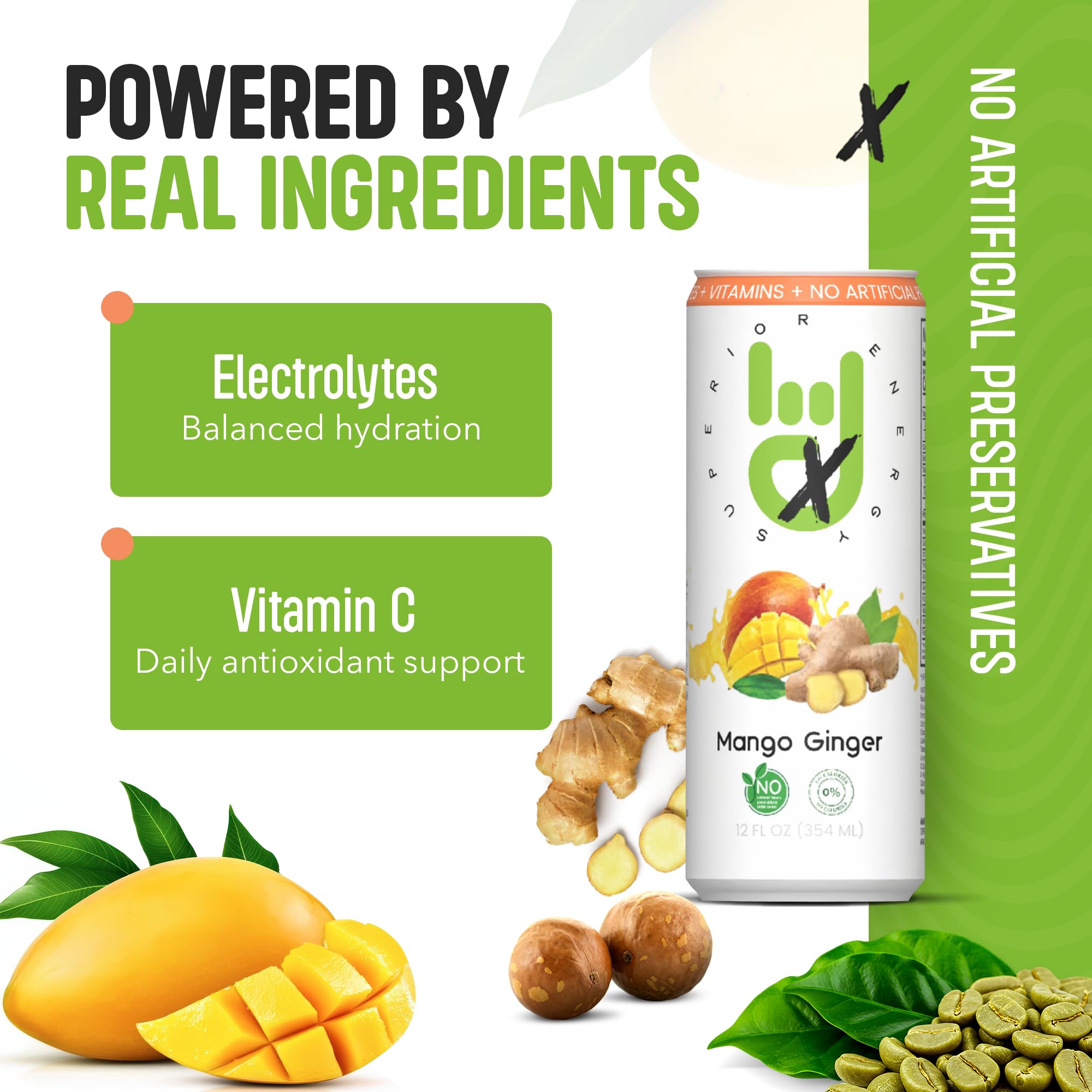 Superior Energy Electrolytes Drink Zero Calories - Energy Drink Zero Sugar - Mango Ginger Flavor, 90mg Natural Caffeine - Pack of 12 (12 fl oz each)