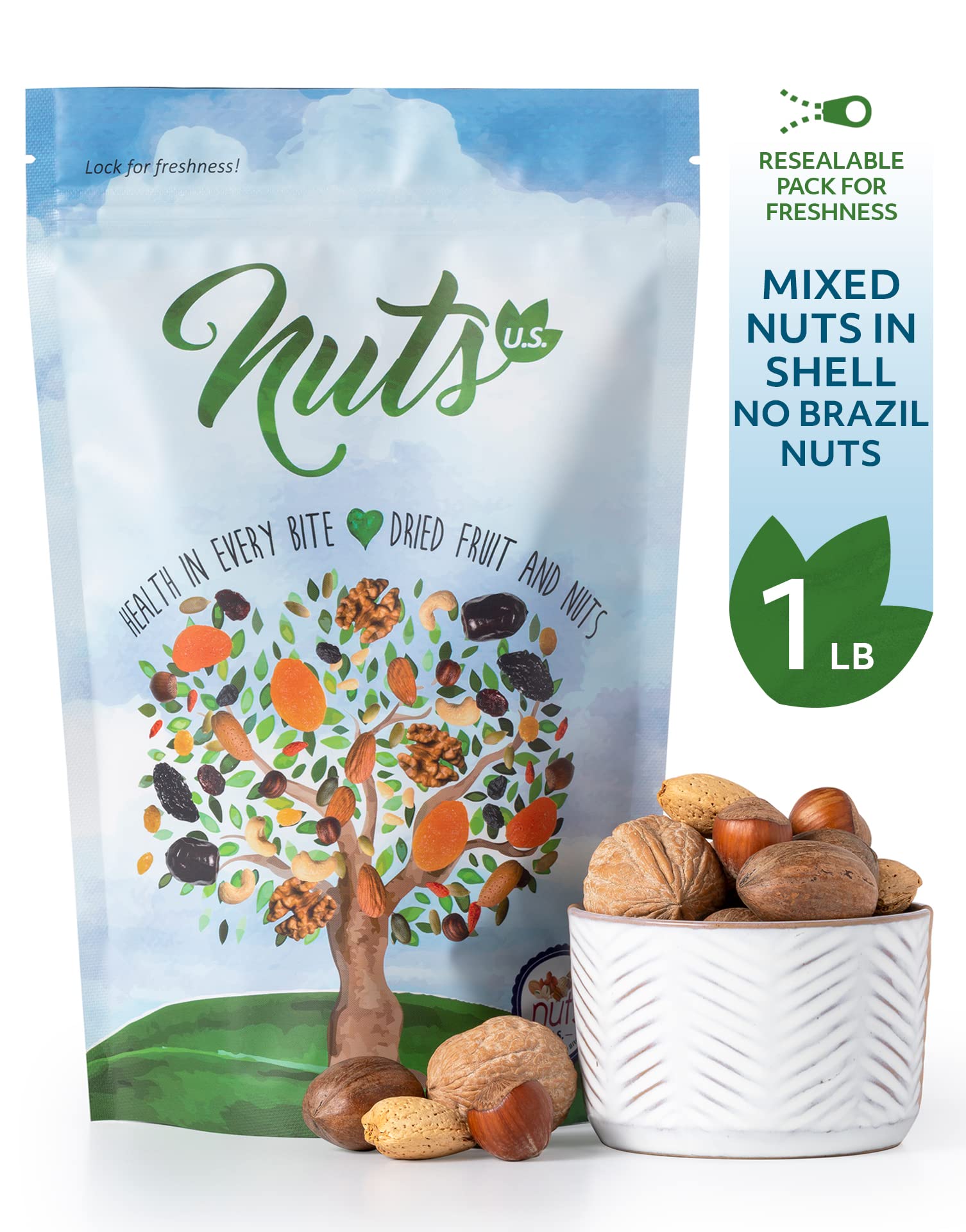 NUTS U.S. - Mixed Nuts In Shell (Almonds, Walnuts, Hazelnuts, Pecans) | No Added Colors and No Artificial Flavors | Fresh Buttery Taste and Raw