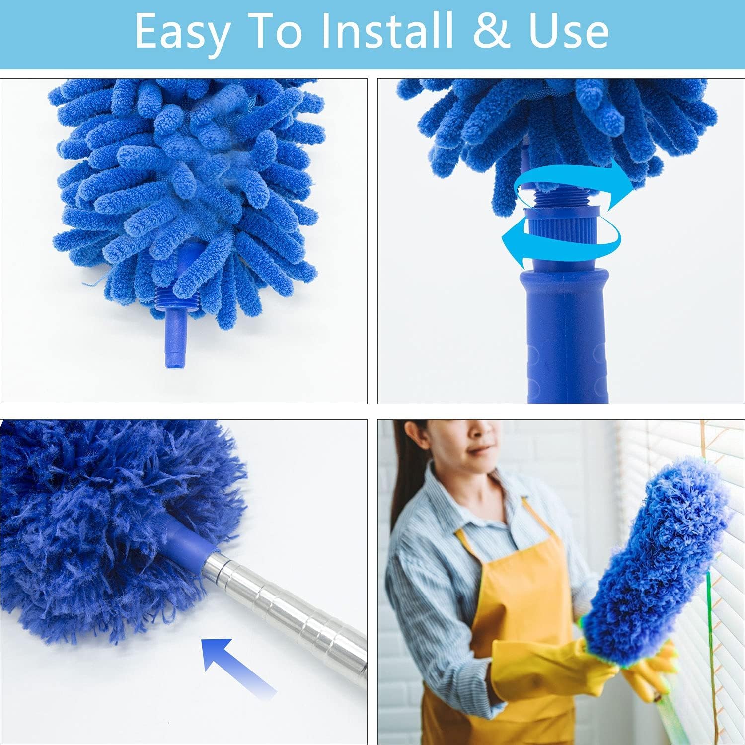 Buysenton Cobweb Duster with Extension Pole, Washable Cleaning Duster Kit with 3 Duster Heads, Cobweb Duster, Corner Brush, 15-100 Inch Long Aluminum