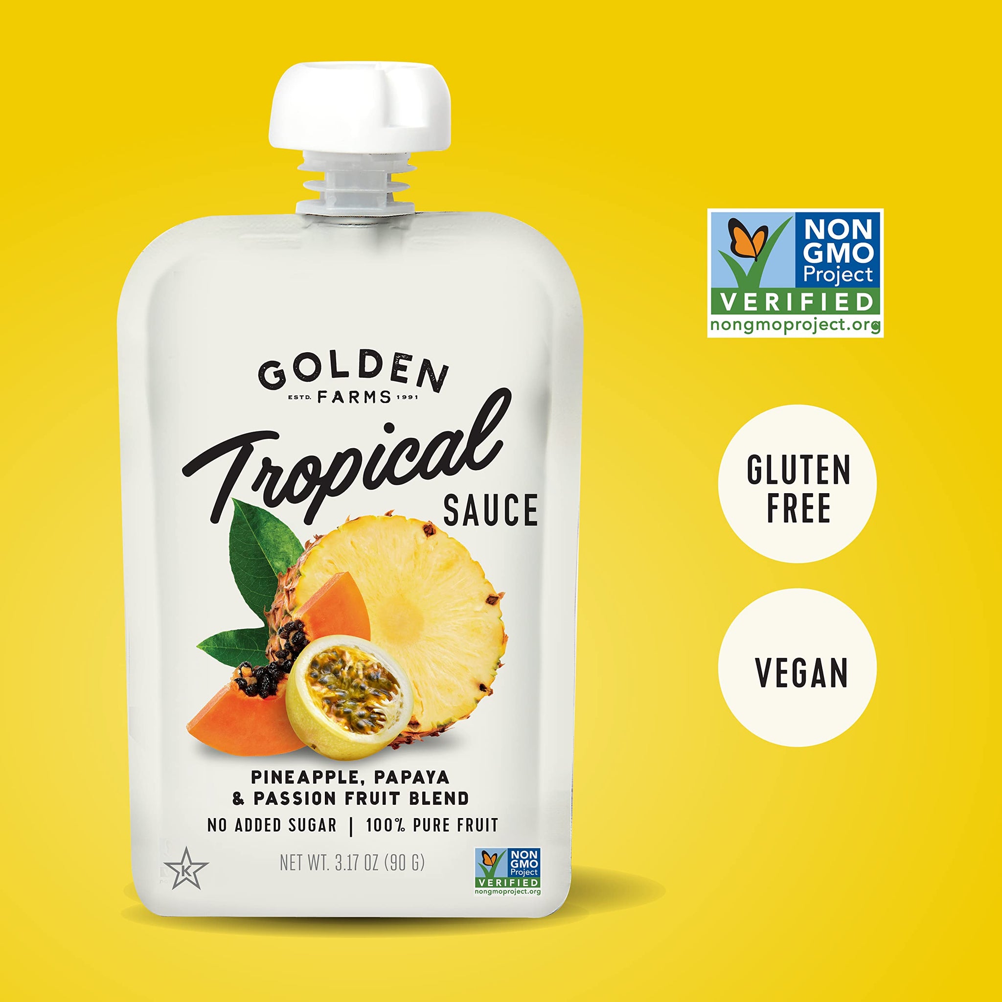 Golden Farms Tropical Pouches, Low Ingredient Healthy Snacks (Pack of 12), 100% Pure Fruit, No Added Sugar, Vegan, Gluten-Free, Kosher, Non-GMO