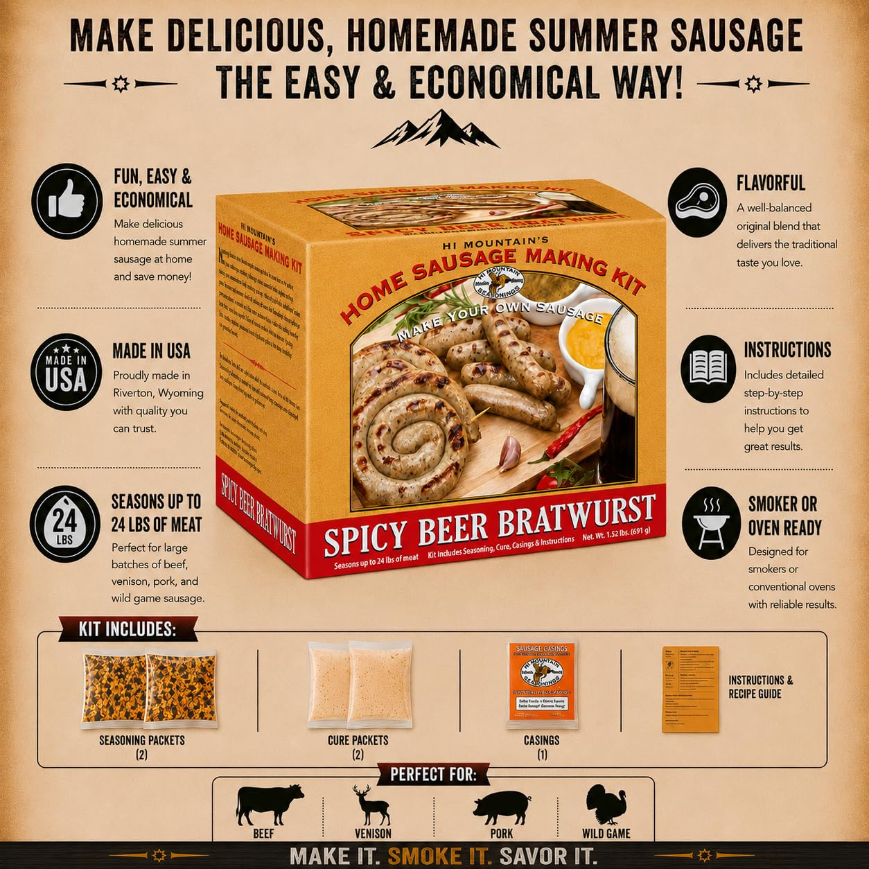 Hi Mountain Seasonings ? SPICY BEER Bratwurst Sausage Making Kit ? Includes Sausage Seasoning, Cure, Hog Casings, and Simple-to-Follow Directions ?