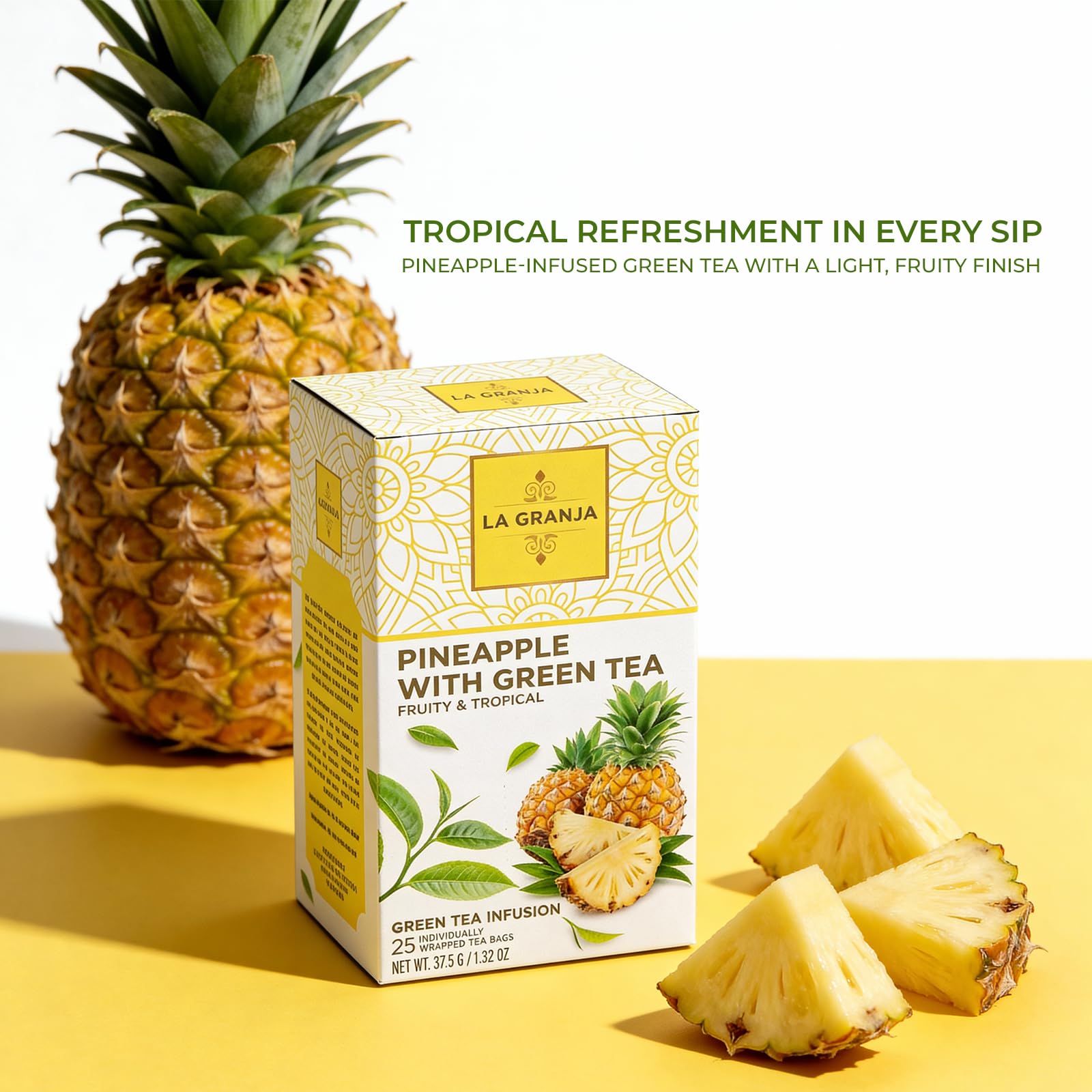 Life Plus Style Gourmet La Granja Pinapple Green Tea Premium Unsweetened Naturally Caffeinated Hot or Iced No Sugar Tropical Pineapple Fruity Gift