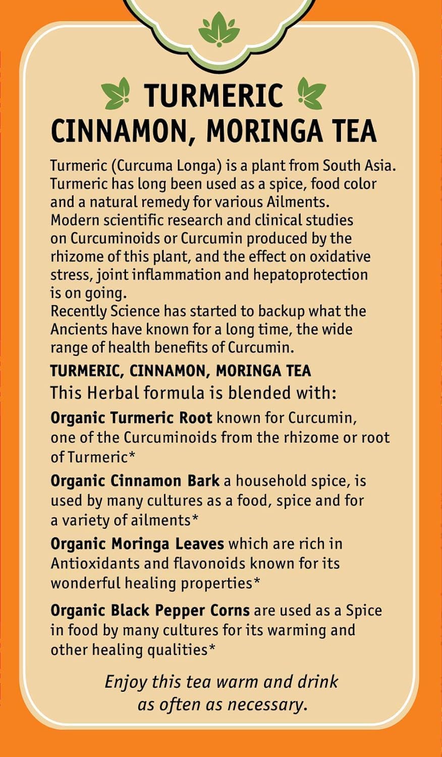 Herbal Cup Ayurveda Turmeric Tea, Organic Cinnamon Moringa, No Caffeine Herbal Supplement (16 Count, Pack of 1)