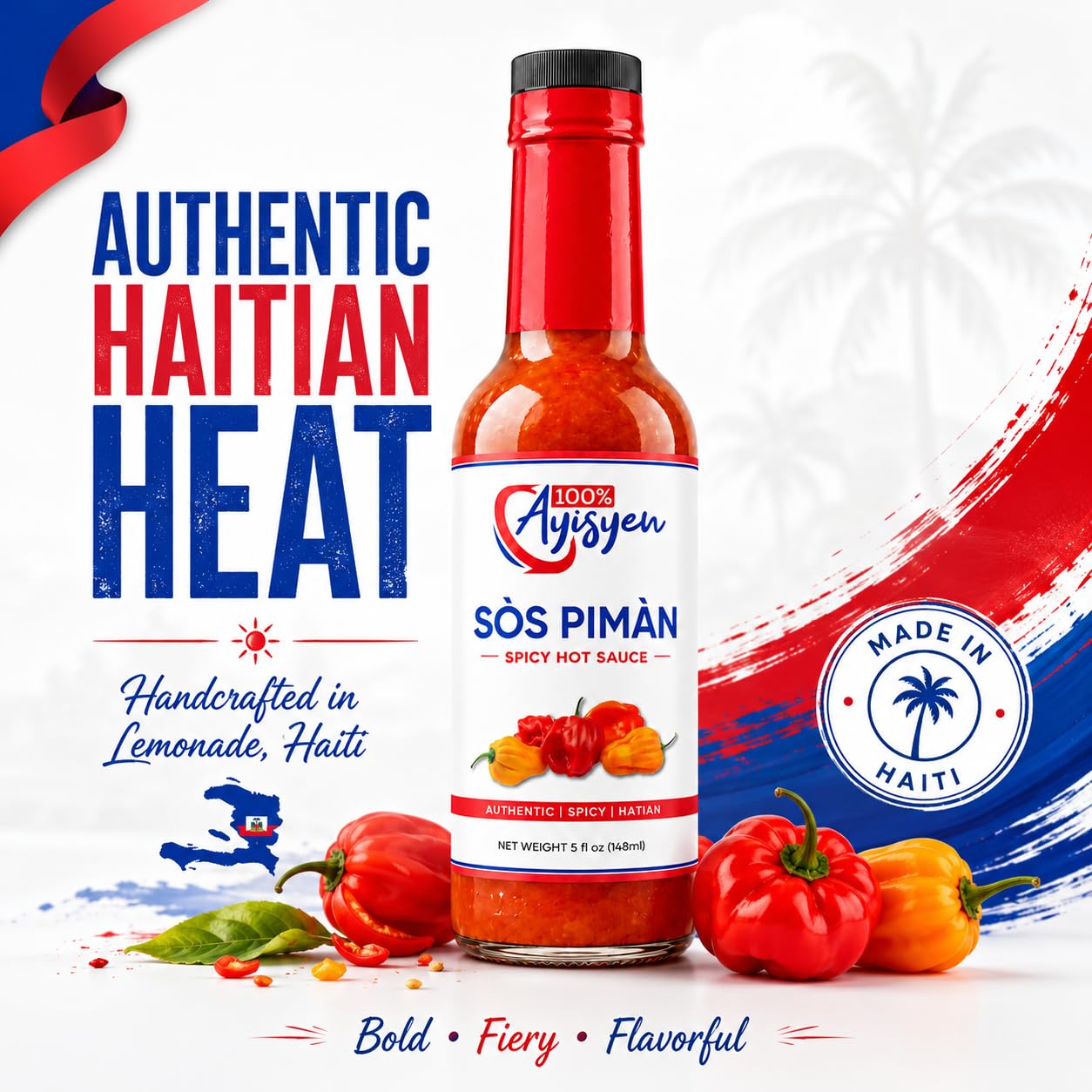 Sòs Pimàn Spicy Hot Sauce, Authentic Haitian, Haitian Goat Pepper, 5 fl oz, 100% Ayisyen