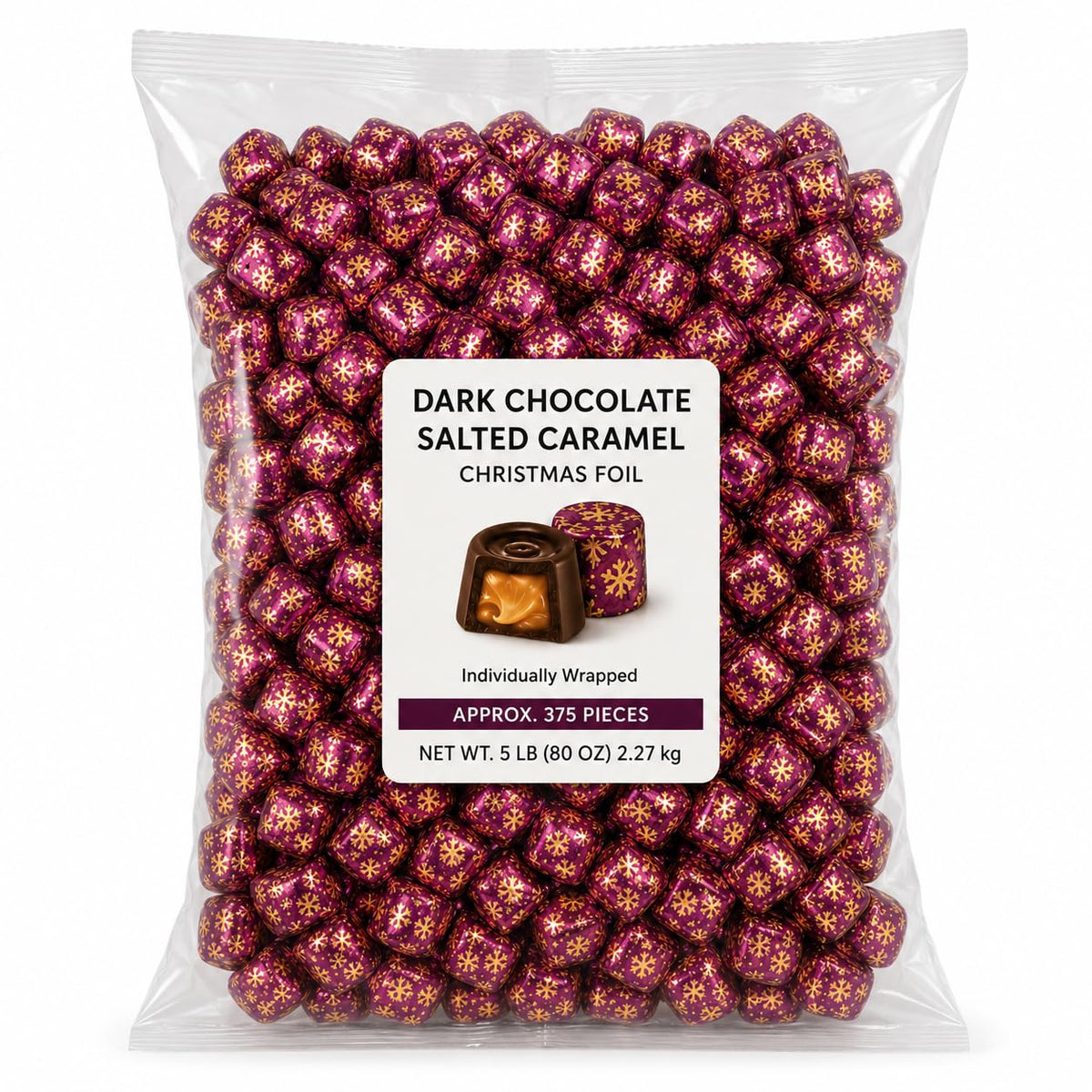 Dark Chocolate Salted Caramel Candy, Christmas Wrapped Caramels - 5 lb (Approx. 225 pieces)