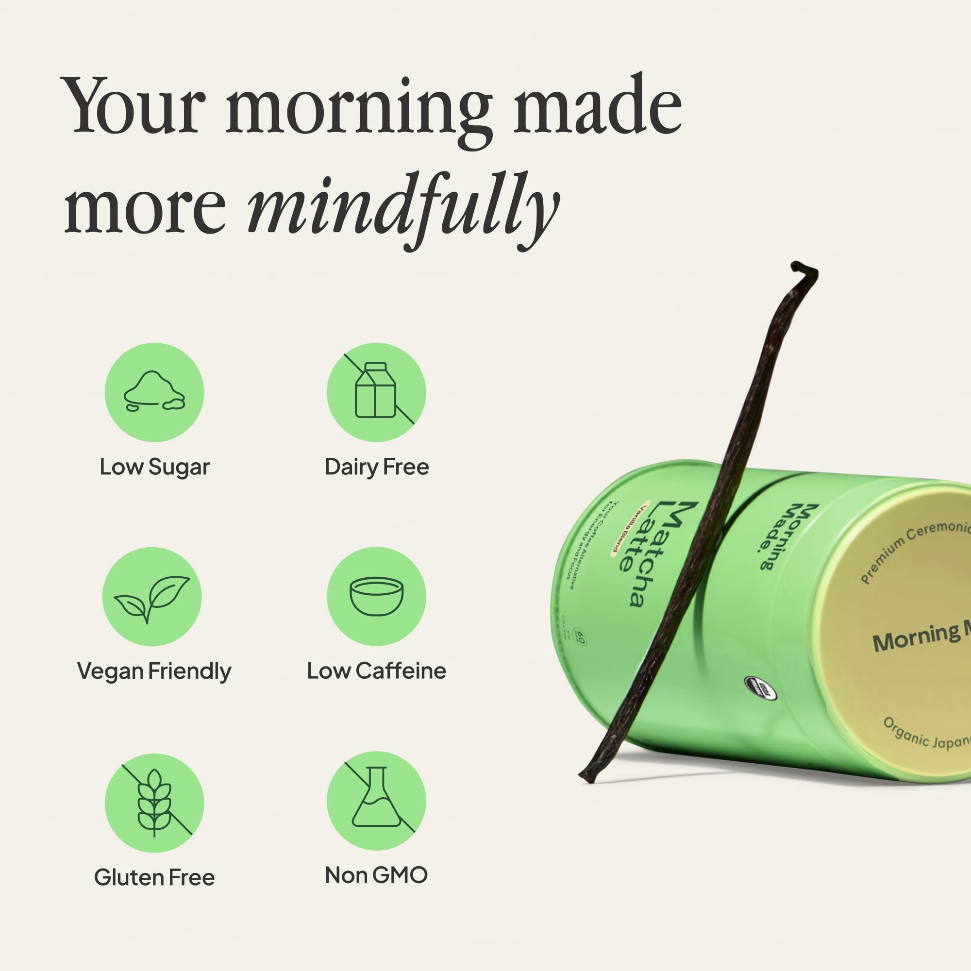 Morning Made 10.6 oz Vanilla Ceremonial Grade Matcha Powder - 60 Servings, Sweetened, USDA Organic - Premium Japanese Green Tea in Resealable Tin