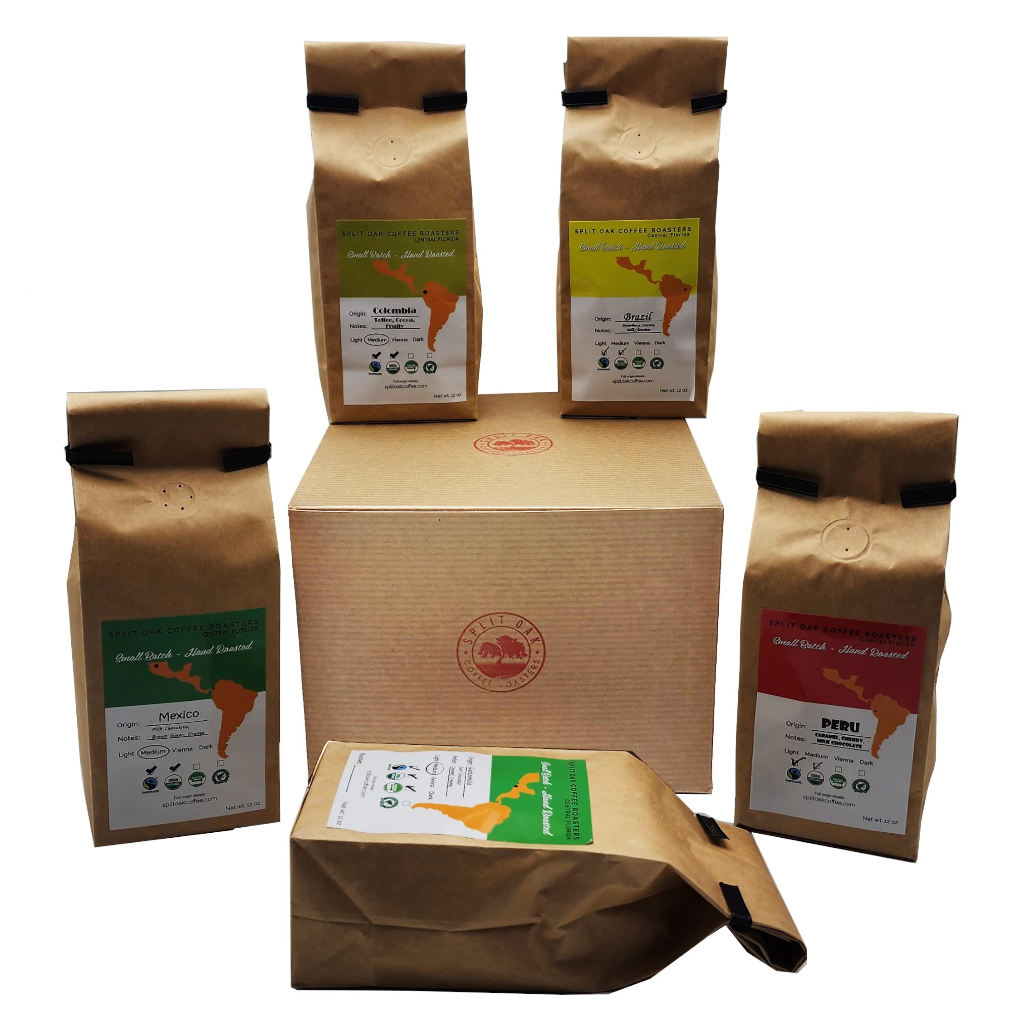Coffee Gift Set Las Americas 5 Pack 12oz Gourmet Organic Medium Roast whole Bean with Best Beans From Mexico, Guatemala, Peru, Colombia and Brazil