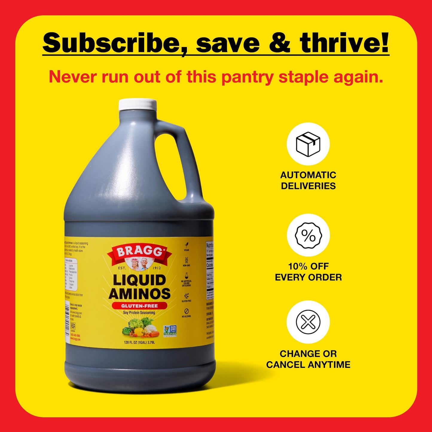 Bragg Liquid Aminos All-Purpose Seasoning - 128 fl oz - Gluten-Free Soy Sauce Alternative - Perfect for Stir-Fries and Cooking at Home