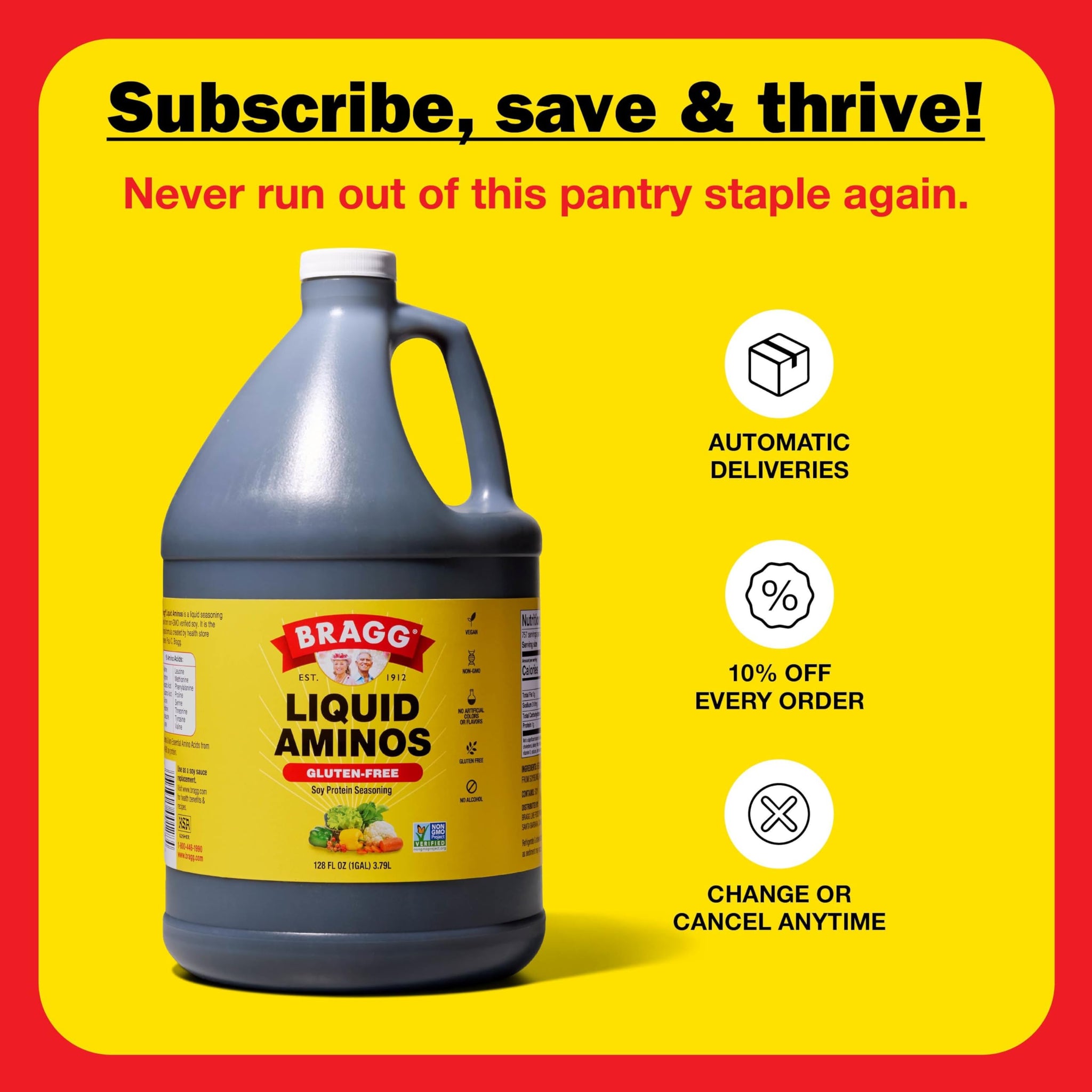 Bragg Liquid Aminos All-Purpose Seasoning - 128 fl oz - Gluten-Free Soy Sauce Alternative - Perfect for Stir-Fries and Cooking at Home