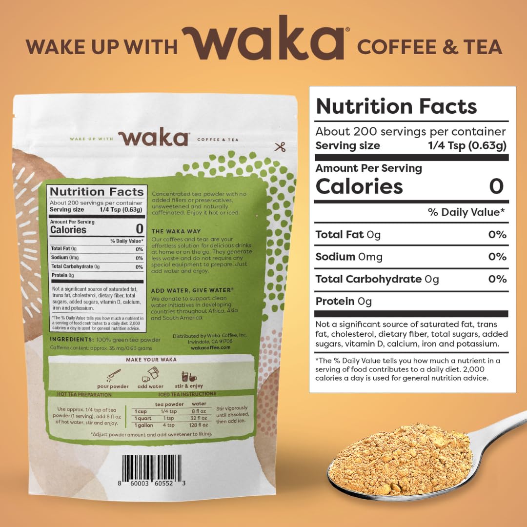 Waka Instant Green Tea Mix, Classic - 100% Tea Leaves, No Additives, Unsweetened Tea Powder for 50 Quarts or 200 Cups - Easy Quick Hot and Iced Teas