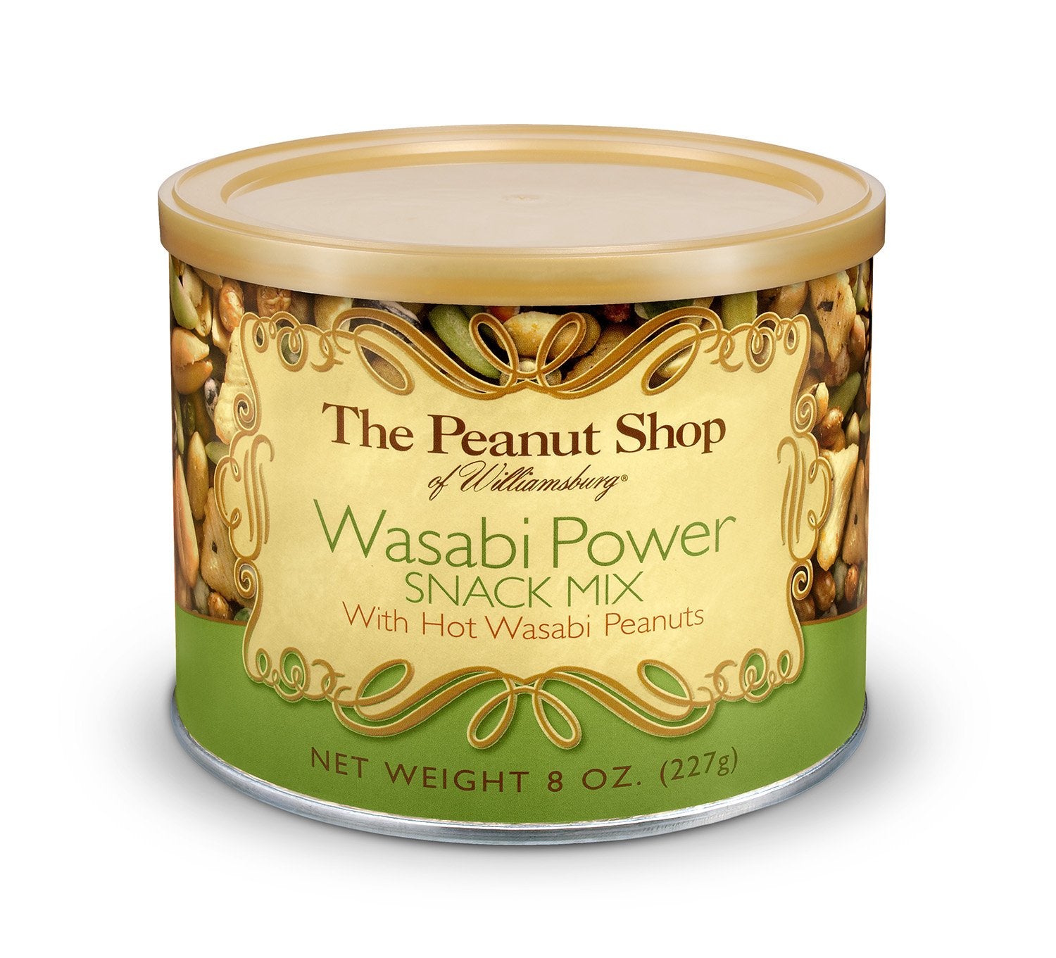 The Peanut Shop of Williamsburg Wasabi Snack Mix with Wasabi Peanuts and Nuts, Rice Crackers, Peas, Sesame Seeds, Soybeans - 8 Oz Tin