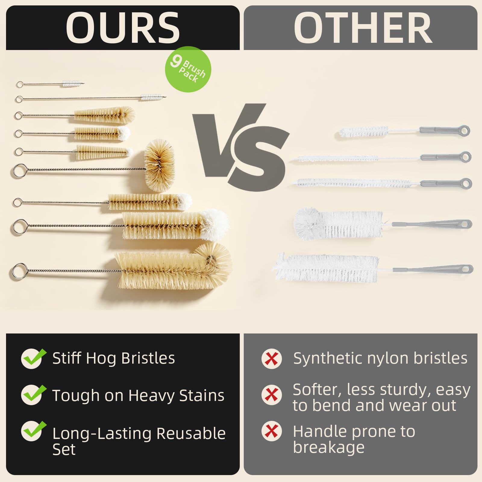 Masthome 9 Pack Bottle Brush Set, Boar Bristle Mixed PP Baby Bottle Cleaner, Long Handle Straw Brushes for Narrow Neck Bottles, Hummingbird Feeder