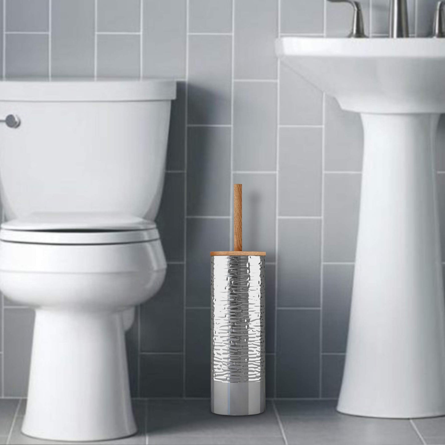 nu steel TBH-MET-17 Slim Compact Freestanding Toilet Bowl Brush and Holder for Bathroom Storage and Organization - Space Saving, Sturdy, Deep