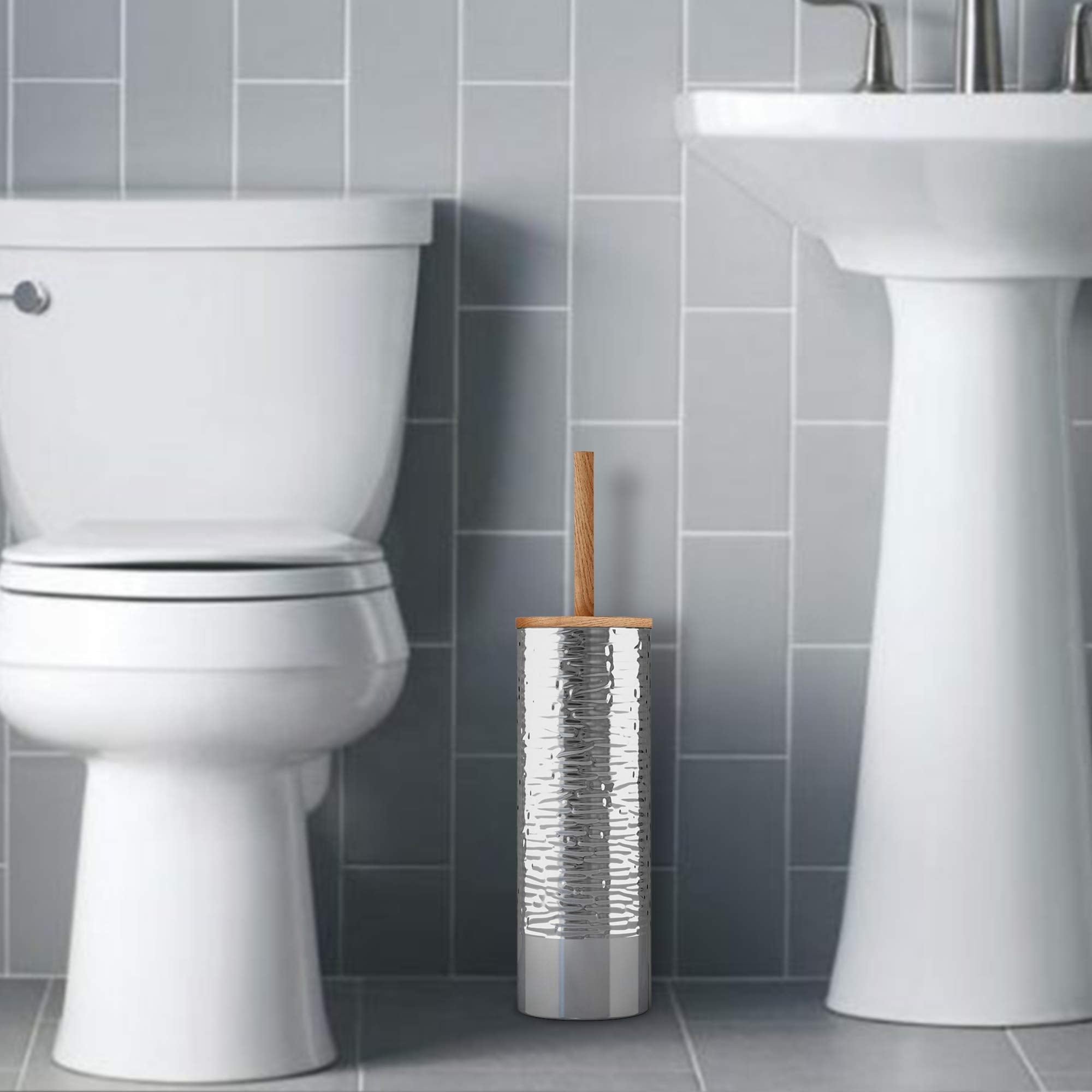nu steel TBH-MET-17 Slim Compact Freestanding Toilet Bowl Brush and Holder for Bathroom Storage and Organization - Space Saving, Sturdy, Deep