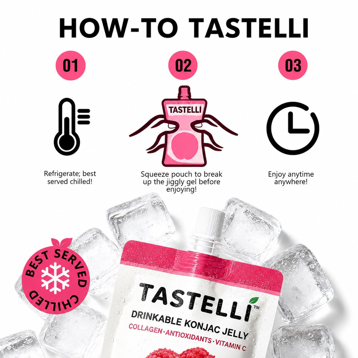 Tastelli Konjac Jelly Variety Pack (18 Pouches) - 1000 mg Collagen + Vitamin C + Antioxidants - 10 Calories, Vegan, Zero Sugar - Healthy Drinkable