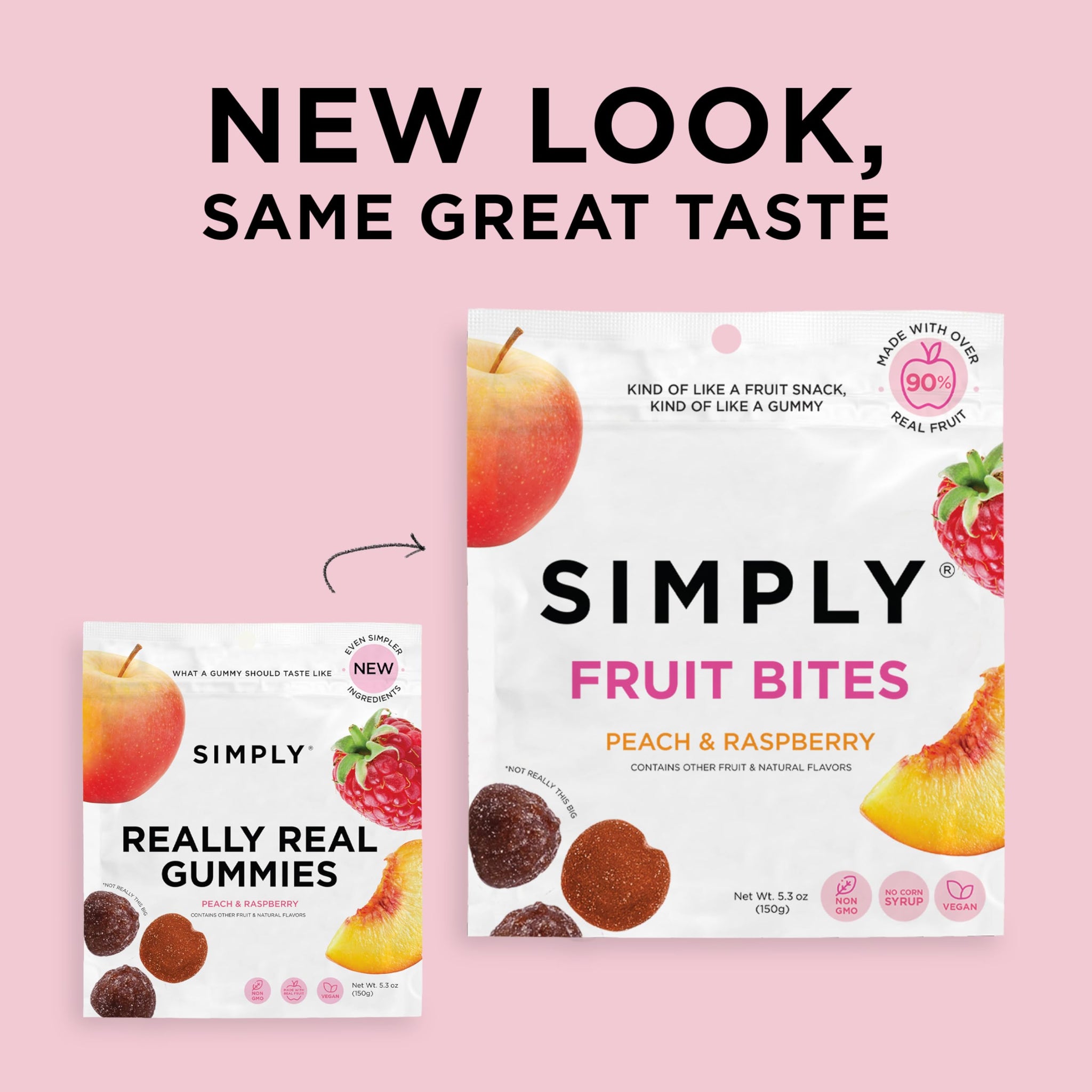 SIMPLY Fruit Bites (Really Real Gummies) | Made with Real Fruit | Peach and Raspberry | 5.3 oz (Pack of 2) | No Cane Sugar + Gluten Free + Kosher