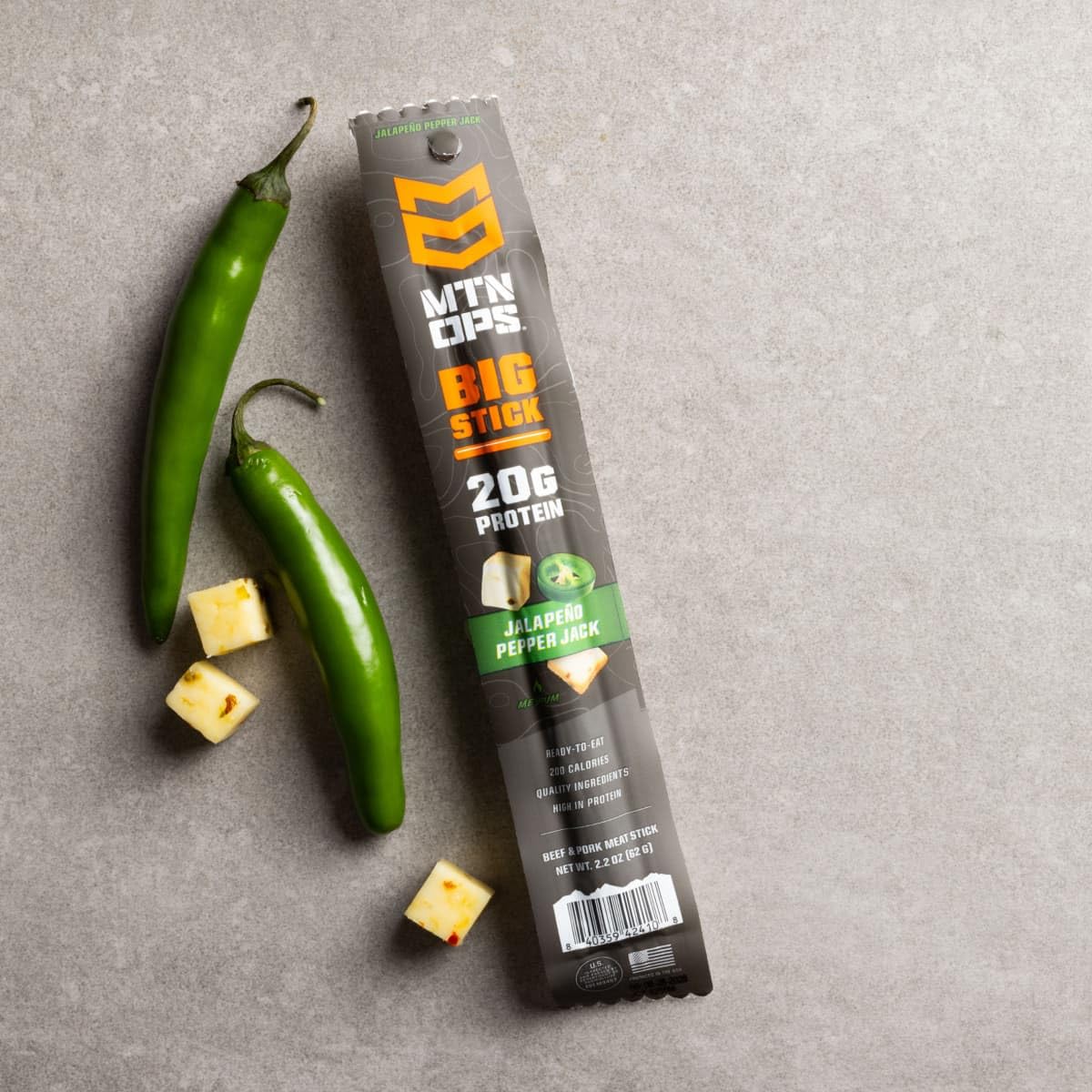 MTN OPS Big Stick High Protein Meat Sticks - 20g Protein, 10% Collagen - Jalapeño Pepper Jack Flavor - Individually Wrapped Beef Snacks - 10 Count