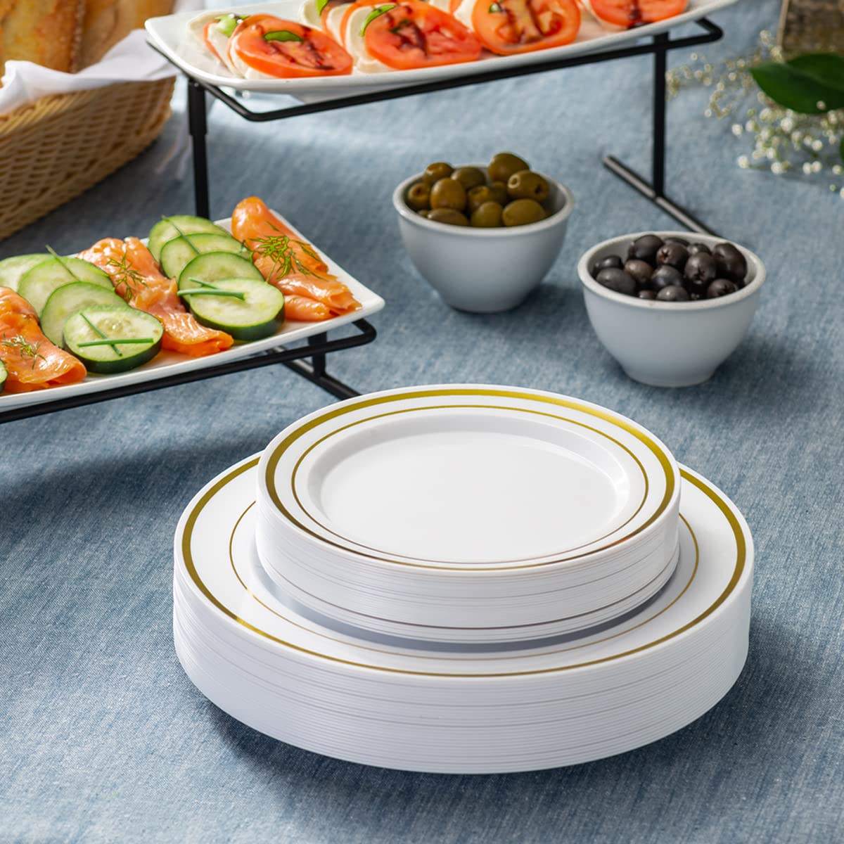 SETUP 60-Piece Gold Trim Plastic Dinnerware Set - 30 10.25" Dinner & 30 7.5" Salad Plates - Heavy-Duty Disposable for Weddings, Catering, Parties