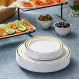 SETUP 60-Piece Gold Trim Plastic Dinnerware Set - 30 10.25" Dinner & 30 7.5" Salad Plates - Heavy-Duty Disposable for Weddings, Catering, Parties
