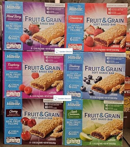 Millville Fruit & Grain Soft Baked Bar 6 Flavors Mixed Berry, Raspberry, Cherry, Strawberry, Blueberry, Apple Cinnamon, 6 Cereal Bars, 7.8oz 222g (Six