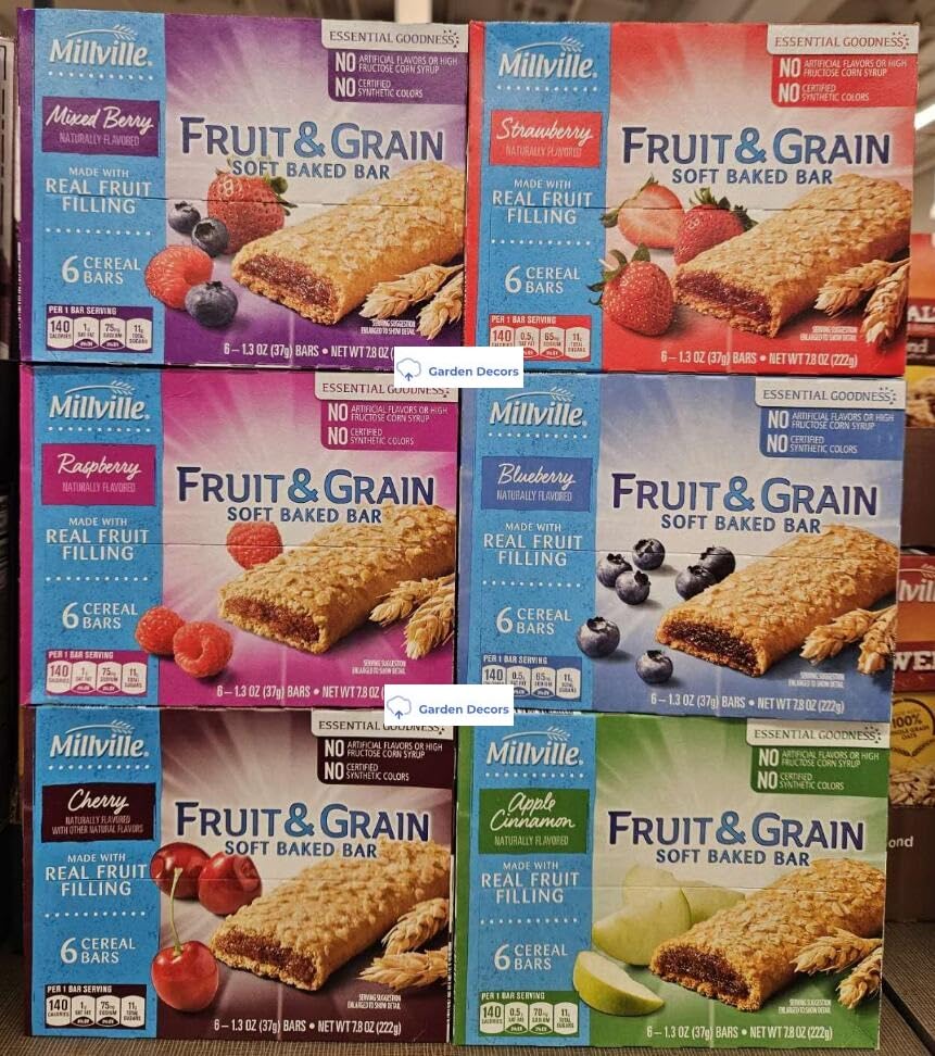 Millville Fruit & Grain Soft Baked Bar 6 Flavors Mixed Berry, Raspberry, Cherry, Strawberry, Blueberry, Apple Cinnamon, 6 Cereal Bars, 7.8oz 222g (Six