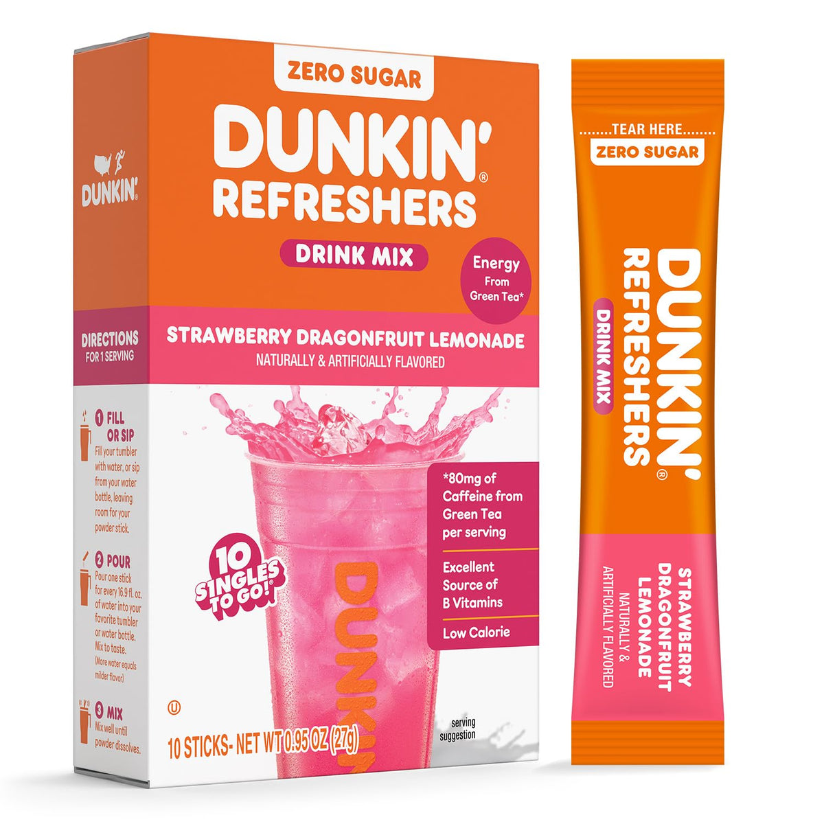 Singles To Go! Dunkin' Refreshers, Strawberry Dragonfruit Lemonade, 10 Ct