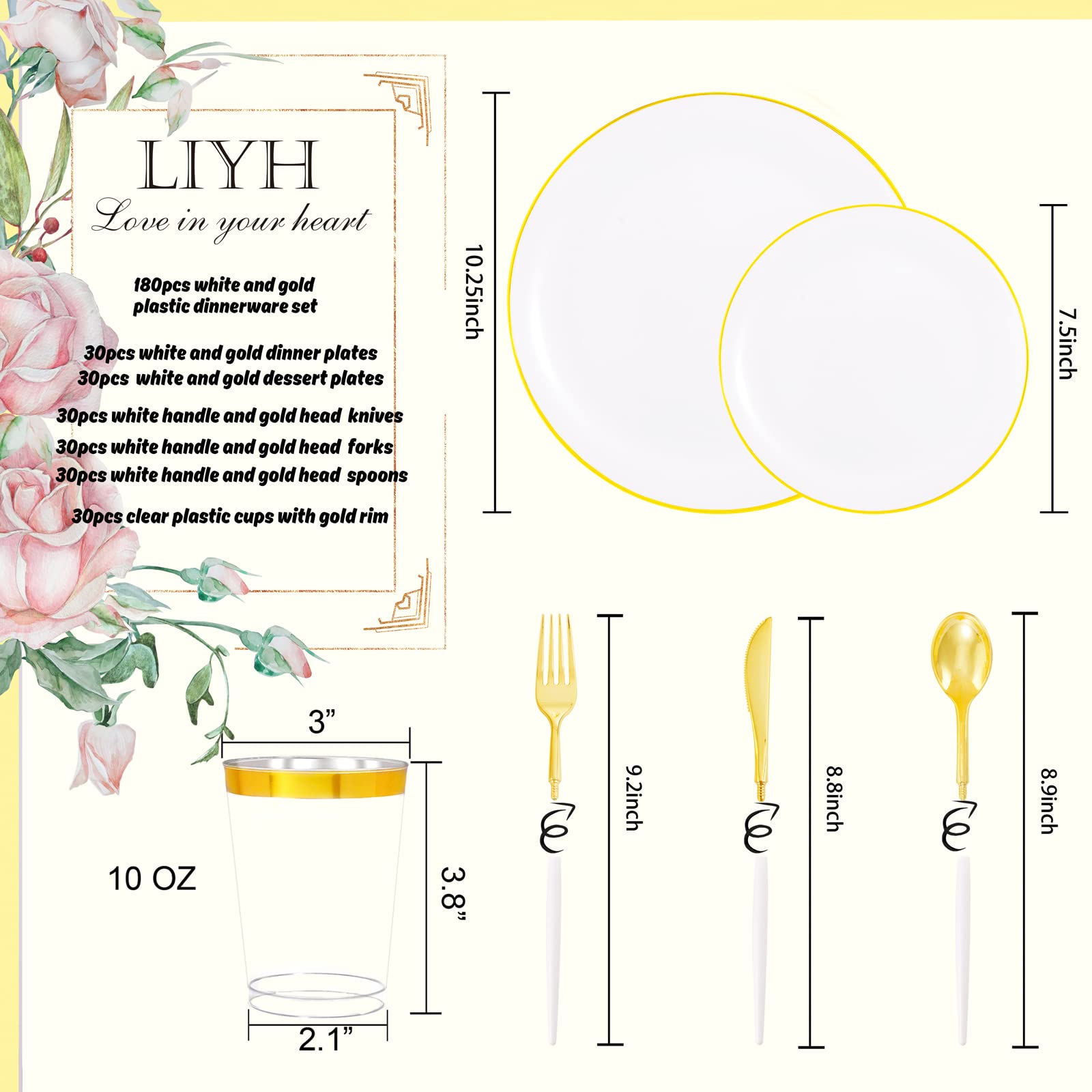 LIYH 180 Pcs White and Gold Plastic Plates Disposable - Dinnerware Set, Gold Plastic Silverware, Disposable Heavyduty Plates for Parties, Birthdays